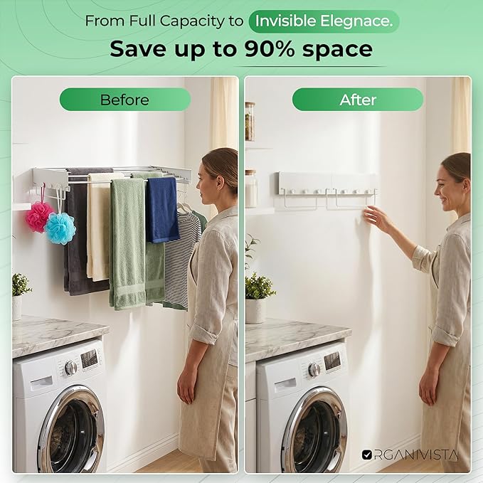 Laundry drying rack wall mount(40-INCH White), a wall mount clothes drying rack solution with reinforced metal frame, easy installation in tight spaces and foldable; drying rack clothing wall mounted.
