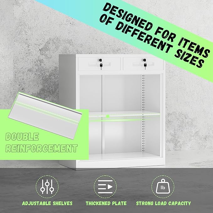 Bonusall Garage Storage Cabinet with 2 Drawers,42" Metal Office Cabinets with Doors and Shelves,Steel Pantry Cabinet for Home Office,School,Warehouse(White)