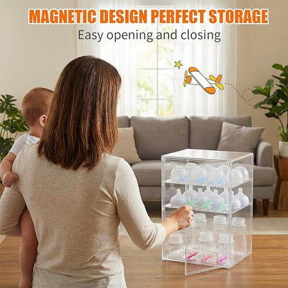 YESGIRL 3-Tier Clear Baby Bottle Organizer,Clear Stackable Acrylic Storage With Drawer for Countertop Cabine Storage Station Case Box Container for Nipples Pump Parts Food Jars