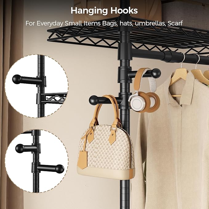 Closet Organizers and Storage, 3-Row Heavy Duty Garment Rack Clothes Rack for Hanging Clothes, Wall Mounted Closet System with 4 Telescopic Rods, 4 Hooks, 6 Shelves for Wardrobe, Bedroom, Small Space