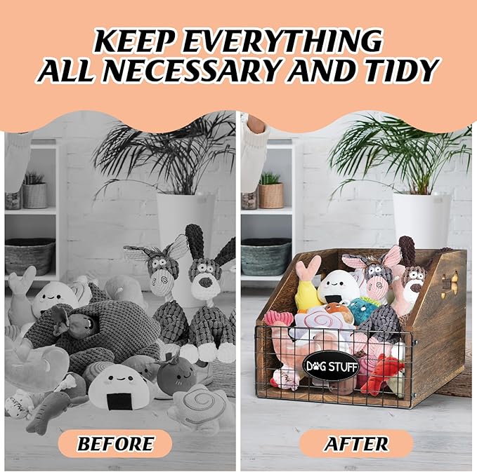 Dog Toy Bin - Large Wooden Toy Chest with Handle - Organizer for Puppy Leash, Blanket, Food, Accessories, Gift