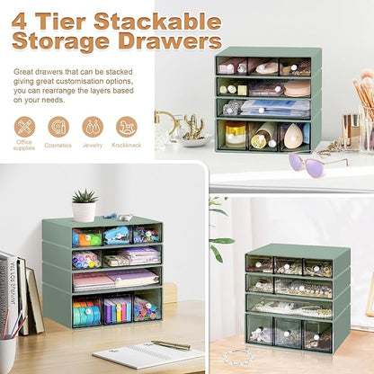 Desk Organizer with 9 Drawers, 4 Tier Plastic Stackable Storage Drawers for Desk Storage, Office Stationary Makeup Organizer Suit for Home, Office and School