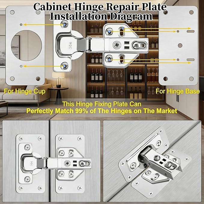 8 PCS Cabinet Hinge Repair Plate, Stainless Steel Cabinet Hinge Repair Kit, Hinge Repair Plate, Cabinet Repair Kit, Kitchen Cupboard Door Hinge Repair Plate, Hinges Repair Fixing Plates with Screw