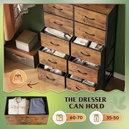 WLIVE Tall Dresser for Bedroom with 10 Drawers, Fabric Dresser for Closet, Storage Tower with Cabinet, Metal Frame, Rustic Brown Wood Grain Print