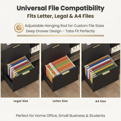 File Cabinet for Home Office, Fluted Filing Cabinet with Charging Station, 2 Drawers Fit Letter/Legal/A4 with Tabs, Printer Stand with Lock & 2 Power Outlets, 6 Shelves (1, Black)