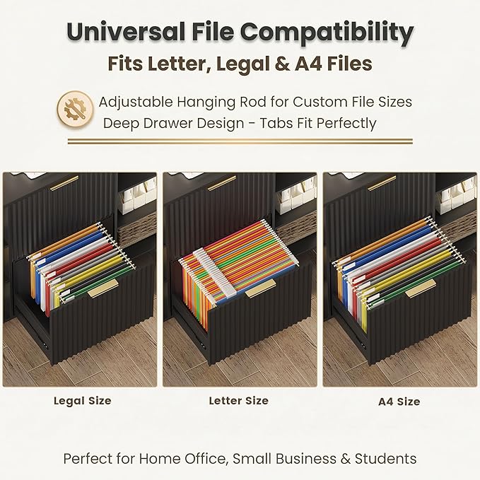 File Cabinet for Home Office, Fluted Filing Cabinet with Charging Station, 2 Drawers Fit Letter/Legal/A4 with Tabs, Printer Stand with Lock & 2 Power Outlets, 6 Shelves (2, Black)