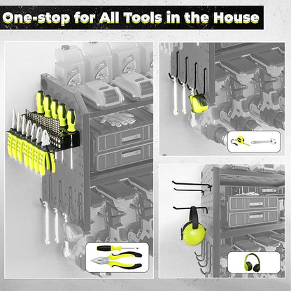KAFAHOM Power Tool Organizer，Large 8 Drill Holder Wall Mount ，Heavy Duty Metal Tool Shelf with 12 Hooks，Storage Rack for Garage Organization，Utility Cordless Drill Holder and Battery Shelves