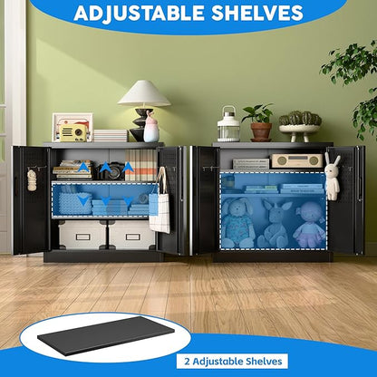 Metal Storage Cabinet with 2 Lockable Doors and 2 Adjustable Shelves, Locking Garage Storage Cabinet with Pegboard, Small Metal Cabinet with Lock for Garage, Home, Black, Assembly Required