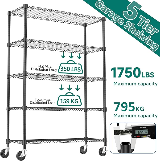 1750LBS 47.2" W 5 Tiers Storage Shelves Metal Shelving Unit with Wheels Heavy Duty Garage Shelving Adjustable Wire Shelves for Pantry,Kitchen,Garage,Basement,Black 17.7" D x 47.2" W x 76.8" H