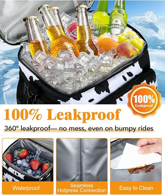 Insulated Lunch Bag for Men & Women, 9L Leakproof Lunch Box Soft Cooler Tote with 5 Pockets, 600D Oxford, EVA Lining, Adjustable Strap for Work, Picnic, Beach&Travel-Cow Print