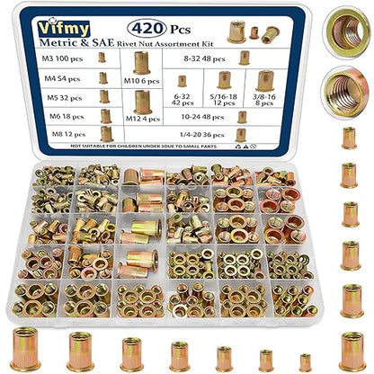 Metric & SAE Rivet Nut Assortment Kit(420 Pcs),m3 m4 m5 m6 m8 m10 m12#6-32#8-32#10-24 1/4"-20 5/16"-18 3/8"-16 UNC Flat Head Rivnut Set,Zinc Plated Finish Carbon Steel Nutsert