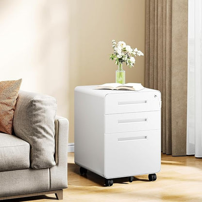 MIIIKO Mobile Filing Cabinet 3 Drawer, White Small File Cabinet with Lock Under Desk, Filing Cabinets for Home Office with Wheels, A4/Letter/Legal Hanging File Folders