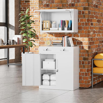 Greenvelly Metal Storage Cabinet, 36" H Metal Locking Storage Cabinet with 2 Drawers and Adjustable Shelf, Lockable Garage Storage Cabinets for Office, Garage, Home (White)