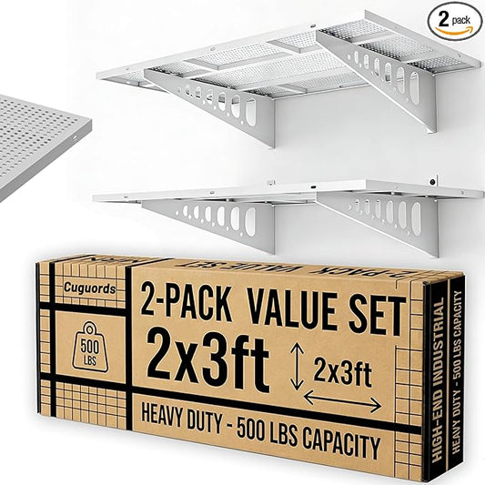 2-Pack 2x3ft Garage Shelves Wall Mounted, 500 Lbs Wall Storage Shelves, Deep Metal Organizer Rack With Complete Install Kit, White