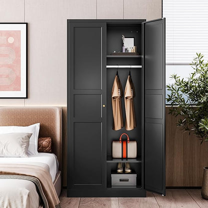 Letaya Wardrobe Armoire Closet,72" H Metal Storage Cabinet with Adjustable Shelves and Hanging Rod,Bedroom Armoire Cabinet Clothes Organizer (Black)