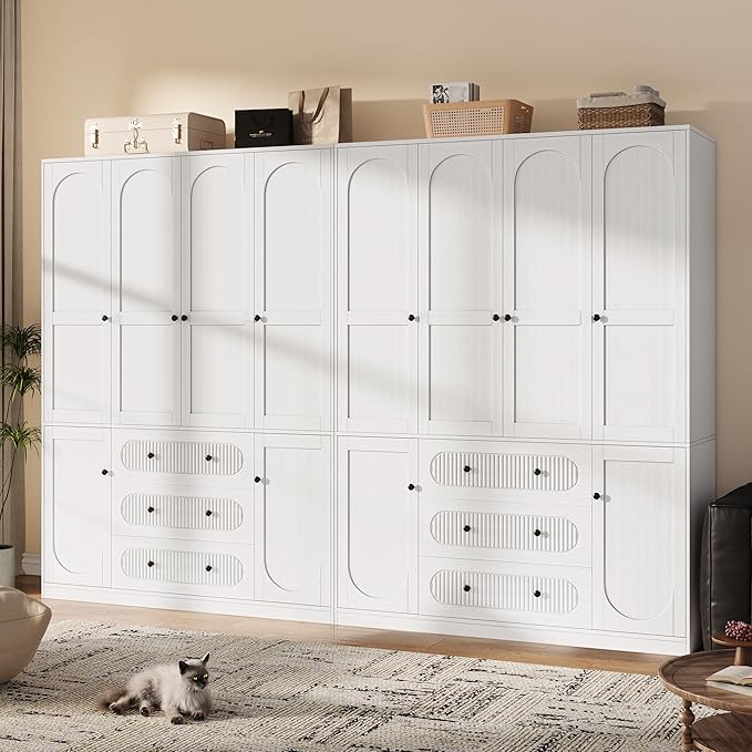 4 Doors Freestanding Armoire Wardrobe Closet, 72" White Wardrobe Armoire Wooden Closet Large Capacity Storage with 3 Drawers & 3 Hanging Rod Shelves Clothes Organizer
