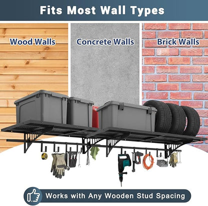 Zonon 2 Pack 1.67 x 4 ft Heavy Duty Garage Wall Shelving with 12 Hooks, 700 Lbs Load Capacity, Wall-mounted Garage Storage Shelving and Organization for Sheds, Closets, or Utility Rooms