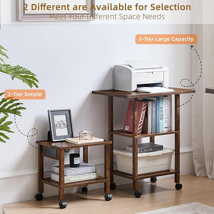 Lerliuo Under Desk Printer Stand with Charging Station, 2 Tier Wooden Small Printer Table with Storage, Rolling Printer Cart Shelf with Lockable Wheels for Home, Office (Brown)