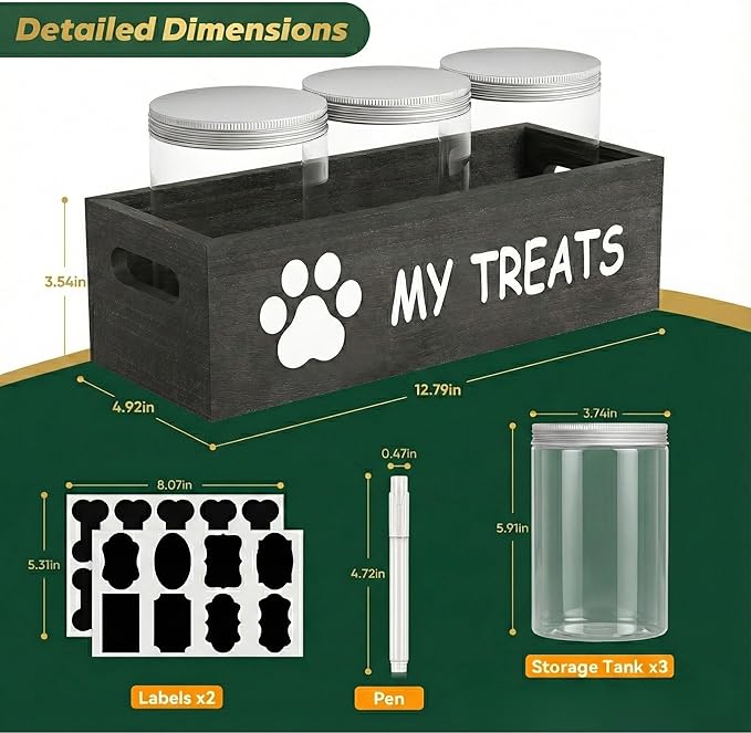 Dog Treat Container Airtight Storage Jars Set of 3 - Clear Plastic Pet Treat Canister with Lids - Dog Food Container for Countertop Organization (grey)