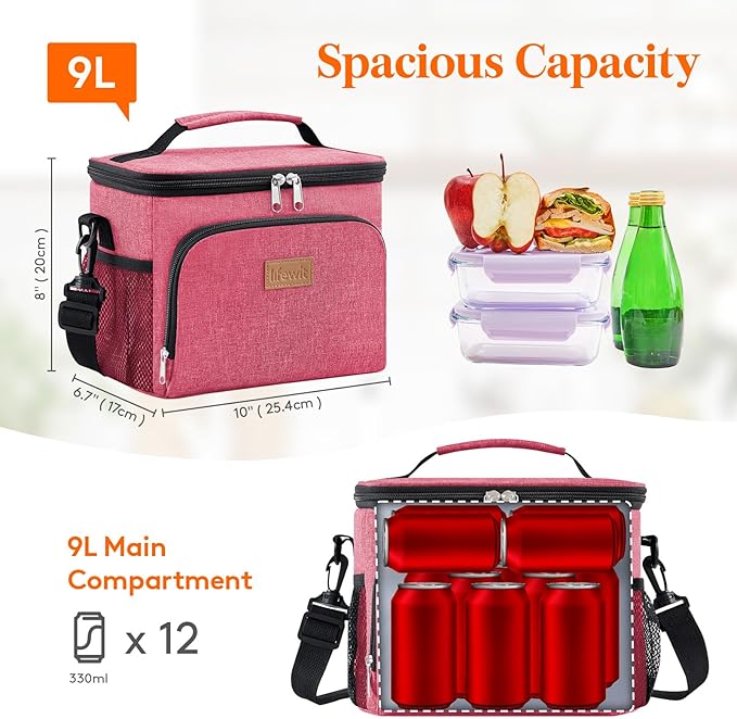 Lifewit Reusable Insulated Lunch Bag, Portable Cooler Freezable Soft Lunchbox Leakproof with Adjustable Shoulder Strap for Men Women Adult for Work Picnic or Travel, 9L 12 Can, Pink