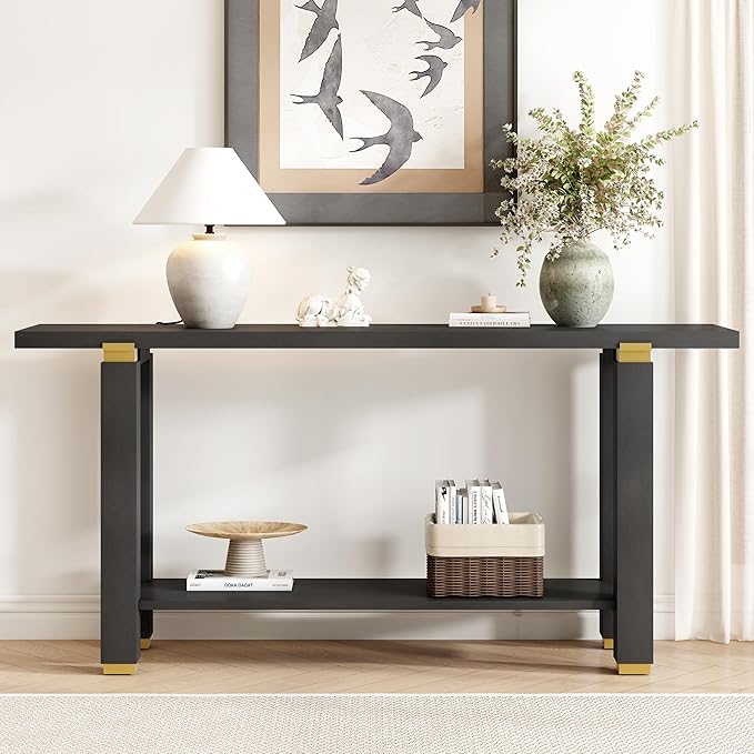 62.9" Modern Minimalist Console Table, Solid Wood Entryway Sofa Table with Metal Accents, 2-Tier with Open Shelf and Built-in Shelf for Living Room, Hallway (Black-J22)