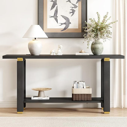 62.9" Modern Minimalist Console Table, Solid Wood Entryway Sofa Table with Metal Accents, 2-Tier with Open Shelf and Built-in Shelf for Living Room, Hallway (Black-J22)