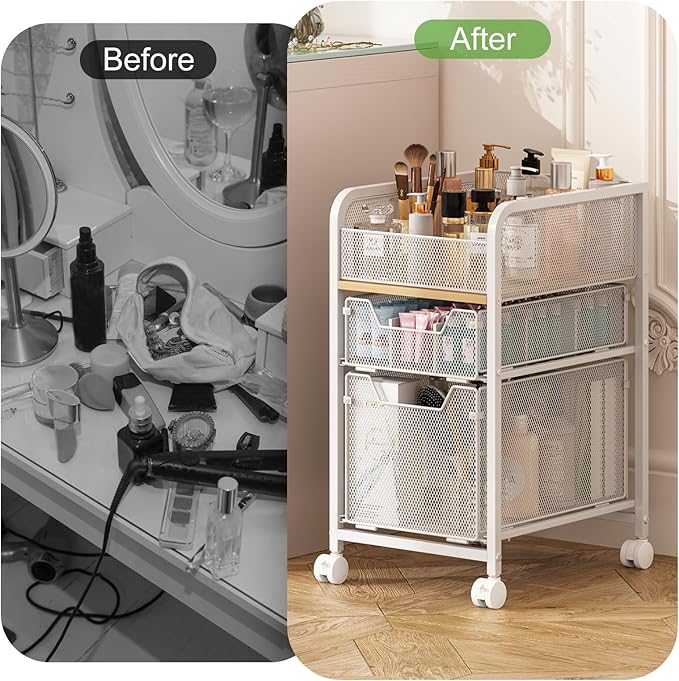 Rolling Makeup Cart Organizer with 2 Drawers, Narrow Floor Skincare Organizers, Vanity Organizer Cosmetics Display Cases Holder for Skin Care Nail Polish Perfume Makeup Brush, White