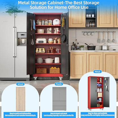 71" H Metal Garage Storage Cabinet with 5 Adjustable Shelves and Pegboard,Steel Storage Cabinet with Wheels for Garage Home Office Utility Room,Required Assembly, Red and Black
