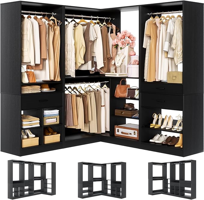 Unikito 86" Corner Closet System, Modular Closets Organizer with 4 Hanging Rods and Storage Shelves, Freestanding Adjustable Wood Clothes Garment Rack with Drawers, Sturdy Walk in Closet Tower, Black