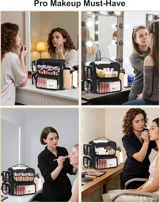 TANTO Makeup Brush Bag, Makeup Artist Bag Clear Makeup Case Professional Large Cosmetic Organizer Bag Portable Cosmetic Train Case with Adjustable Dividers & Shoulder Strap Easy to Clean