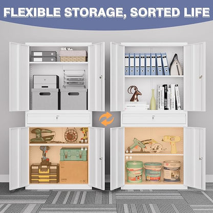 Metal Storage Cabinet,Tall File Cabinet with 2 Adjustable Shelves and Drawer,Lockable Steel Tool Cabinet for Home Office Garage School Warehouses