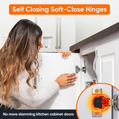 Decobasics 60 Pack Soft Close Cabinet Hinges – 1" Overlay for Kitchen Cabinet Doors, Face Frame Concealed Hidden Hinges – Stainless Steel, Self-Closing with 4-Way Adjustment & Slow Close Damper