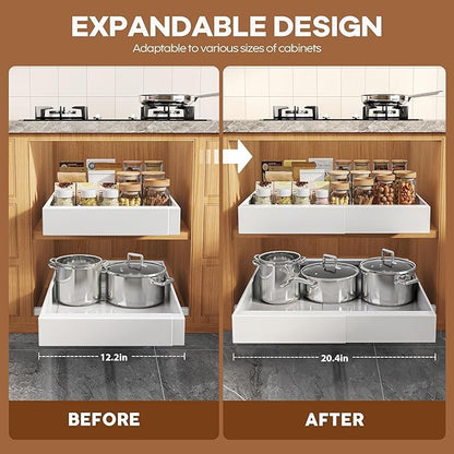 2 Pack Expandable Pull Out Cabinet Organizer 16.5"Deep with Raising Pad for Framed Cabinets,Upgrade 3 Slide Rails Slide Out Drawers,Roll Out Shelves Adhesive,Adjustable Width 12.2"-20.4"White