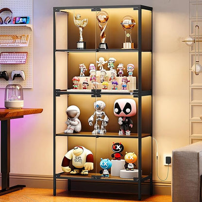 65" Glass Display Cabinet with 3-Color LED Light, Display Case with 4 Tempered Glass Doors and Shelves, Metal Frame Curio Storage Cabinet for Collectibles, Figures, Awards, Book, Toy (Black)