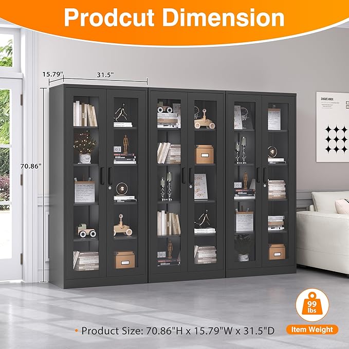 Glass Display Cabinet with 4 Adjustable Shelves, 71" Tall Curio Cabine with Tempered Glass Door, Liquor Cabinet with Lock, 5-Tier Bookcase Storage Cabinet for Home, Study, Living Room (Black)