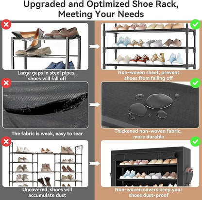 Shoe Rack with Covers 5 Tier Tall Shoe Rack Organizer Large Capacity Shoe Shelf Storage 20-24 Pairs Space Saving Free Standing Shoe Storage Organizer for Closet, Entryway, Dorm, Black