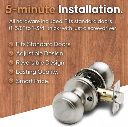 Copper Creek Polished Stainless Door Knobs - Round Colonial Knob, 1 Pack, Interior Passage Handle Perfect for Home Improvement - Fits All Standard Doors - Hallway, Closet, Bedroom, Bathroom
