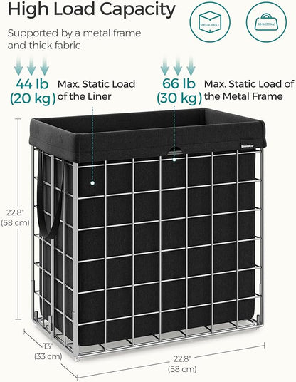 SONGMICS 29 Gal. (110L) Laundry Basket, Laundry Hamper, Collapsible Clothes Hamper, Removable and Washable Liner, Metal Wire Frame, for Bedroom Bathroom, Silver and Classic Black ULCB111B01