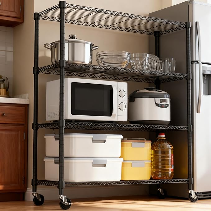 1400LBS 47.2" W 4 Tiers Storage Shelves Metal Shelving Unit with Wheels Heavy Duty Garage Shelving Adjustable Wire Shelves for Pantry,Kitchen,Garage,Basement,Black 17.7" D x 47.2" W x 62.7" H