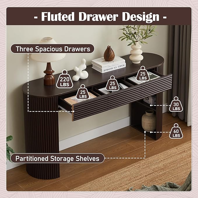 Retro Console Table with Storage, Rounded Console Table with 3 Drawers and 1 Table-Leg Niche, Round Slat Aesthetic for Entryway, Living Room, Hallway (Espresso-X306)