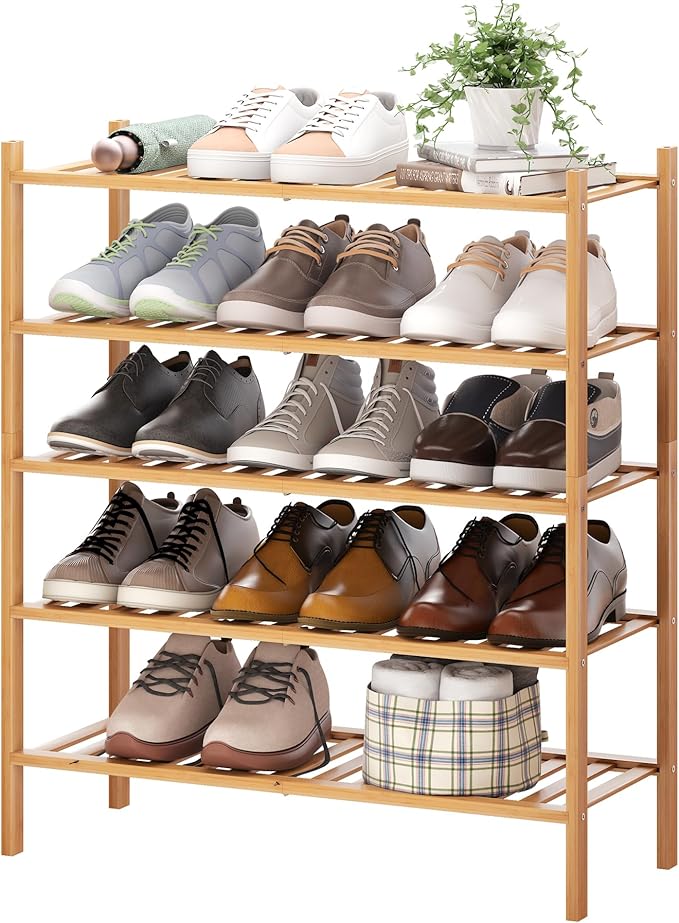 BMOSU 5-Tier Bamboo Shoe Rack Premium Stackable Shoe Shelf Storage Organizer for Hallway Closet Living Room Entryway Organizer (Natural Bamboo)