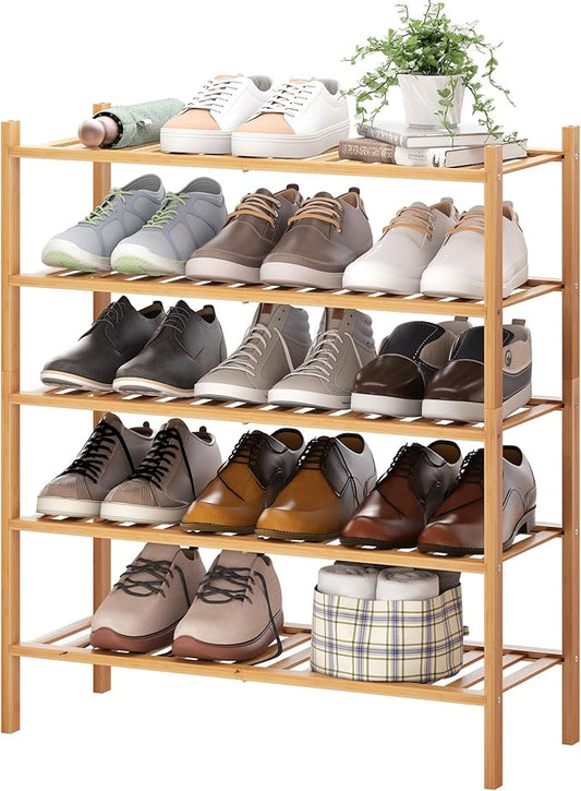 BMOSU 5-Tier Bamboo Shoe Rack Premium Stackable Shoe Shelf Storage Organizer for Hallway Closet Living Room Entryway Organizer (Natural Bamboo)