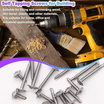 mxuteuk #8 Self Tapping Screws,410 Stainless Steel Self Tapping Screws for Metal,(1/2",5/8",3/4",1",1-1/4") Modified Truss Head Self Drilling Screw Sheet Metal Screw for Metal(115PCS)