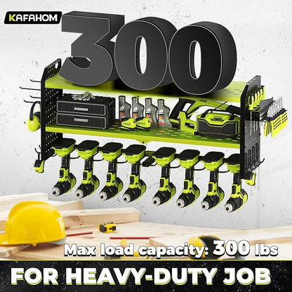 KAFAHOM Power Tool Organizer, Large 8 Drill Holder Wall Mount with 2 Side Pegboards, Heavy Duty Metal Tool Shelf with 12 Hooks, Storage Rack for Garage Organization, Utility Battery Shelves - Green