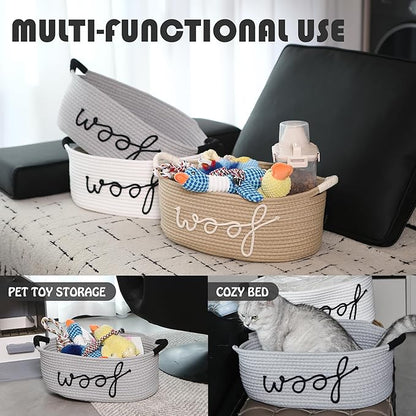 Sea Team Dog Toy Storage Basket with Handles, 16.5 x 11 x 7 Inches, 4.4 Gallons Large Cotton Rope Storage Bin, Shelf Basket, Organizer for Pet Chew Toys, Foods, Grey Woof