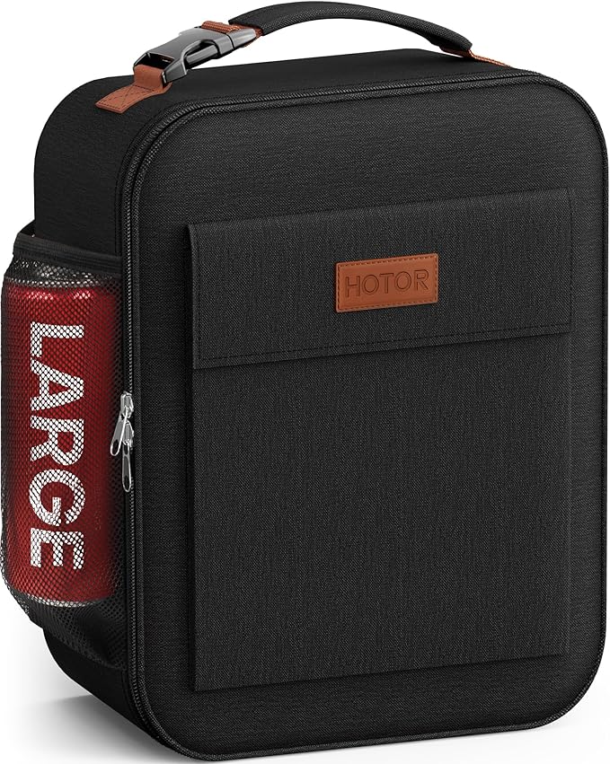 HOTOR Lunch Bag for Men & Women - Large Capacity Insulated Lunch Bag with Mutiple Pockets, Wear-Resistant Cooler Lunch Box for Office, Picnic, Black, 7.5L, 9.50" x 4.30" x 11.00"