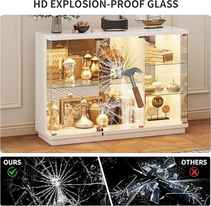 HNEBC Lockable Display Curio Cabinet with Glass Door,47.2" W Glass Display Cabinet with 3 Color Lights for Collectibles,5-Tier Lighted Display Case with Human Sensor,Living Room,White