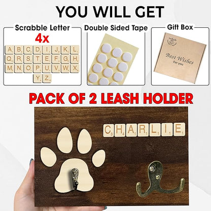 2 Pack Dog Leash Holder Wall Mount, Pet Harness Hanger with Scrabble Letters, Dog Collar Organizer for Entryway, Cat Leash Holder for Wall, Pet Loss Gifts, Keepsake, Home Decor PF218-CBW