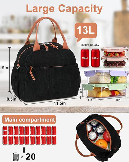 Bluboon Lunch Bag for Women Cute Corduroy Lunch Tote Bags with Shoulder Strap Reusable Insulated Lunch Box Large Capacity Reusable Insulated Cooler for Work Picnic or Travel (13L)