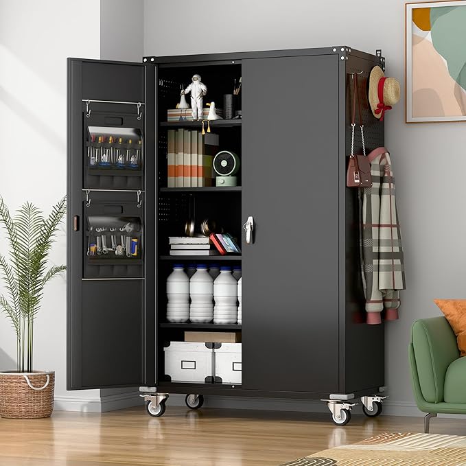 43.3"Wx21.9"Dx72"H Upgraded Wide and Deep Garage Storage Cabinet with Wheels and Doors,Metal Storage Cabinet with Pegboards and 4 Adjustable Shelves for Garage Home Basement,Required Assembly,Black